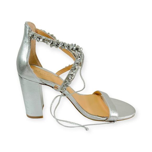 Jewel Badgley Mishka NEW Thamar Crystal Strappy Block Heel Silver Women's Sz 8.5 - Picture 7 of 14